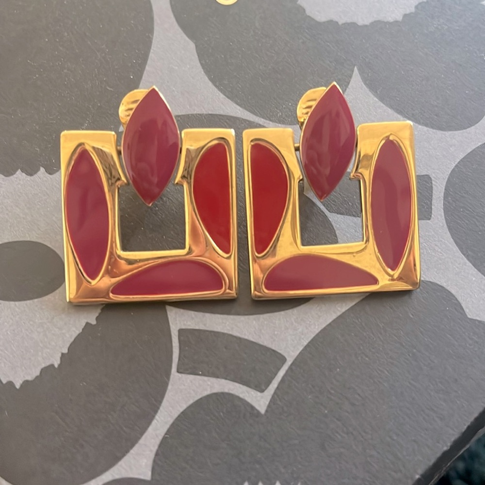 Monet art deco red enamel clip on earrings
